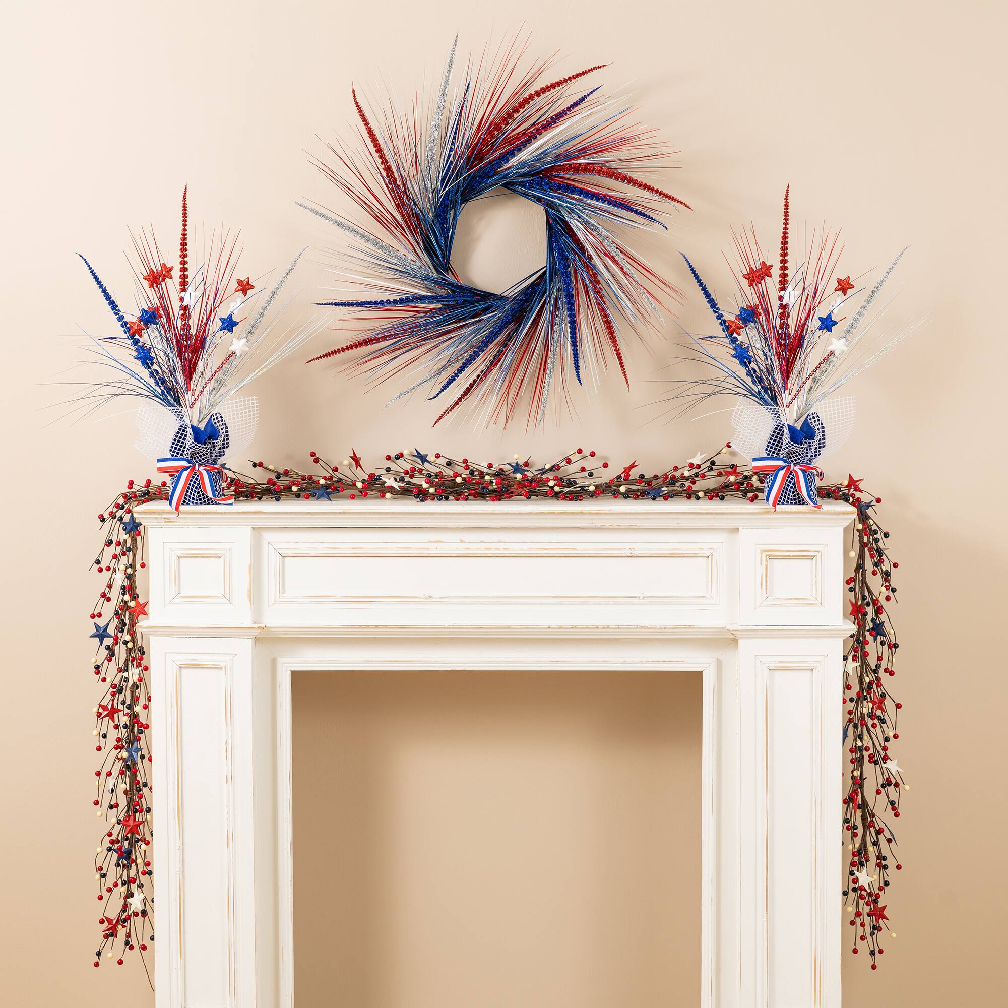 Glitzhome® 24" Patriotic Americana Tinsel and Heather Wreath